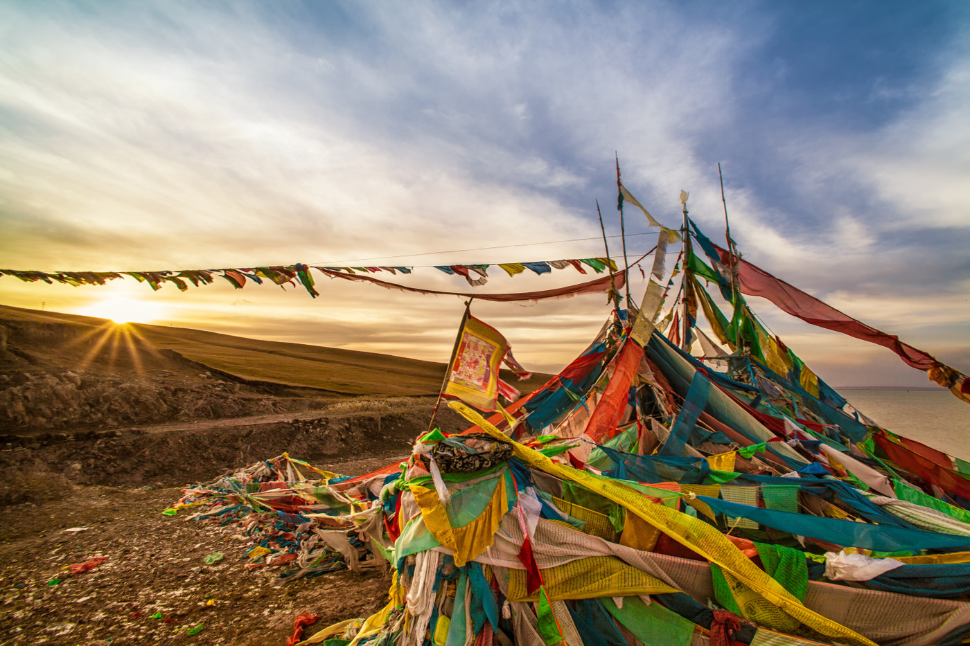 Qinghai Lake prayer flags, Tibetan Plateau, China