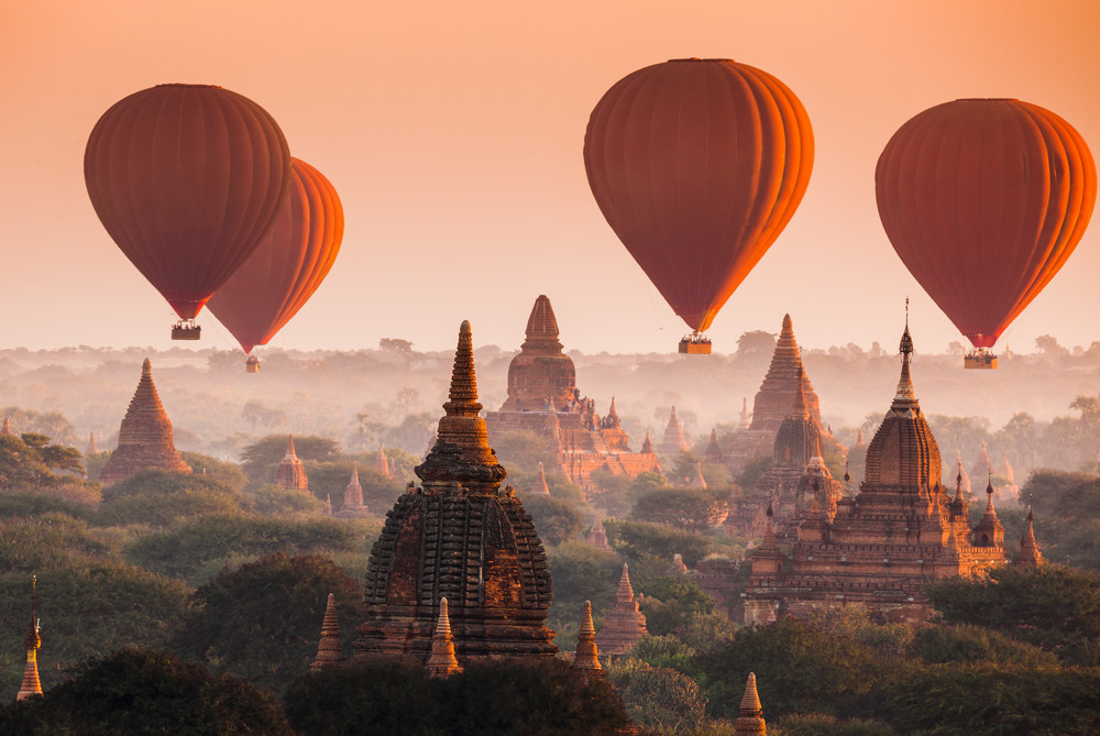 Hot air balloons over Bagan, Myanmar.