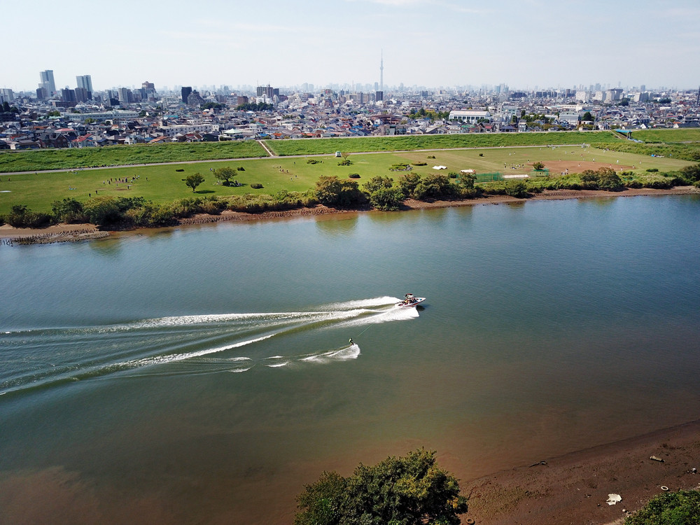 Boat in the Edogawa, Tokyo, Japan.