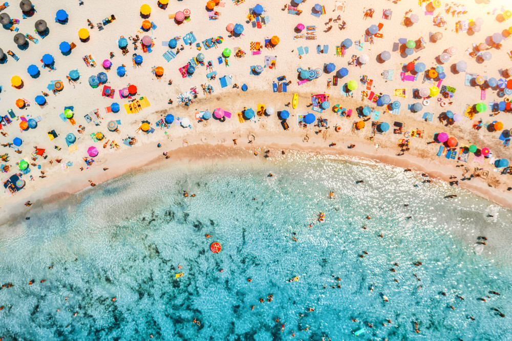Busy beach in Mallorca (Marjorca), Spain.