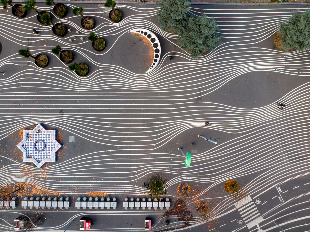 Сopenhagen, Denmark - Aerial view of Superkilen Park on sunny winter day in Copenhagen. There are many lines in park. it is local area.