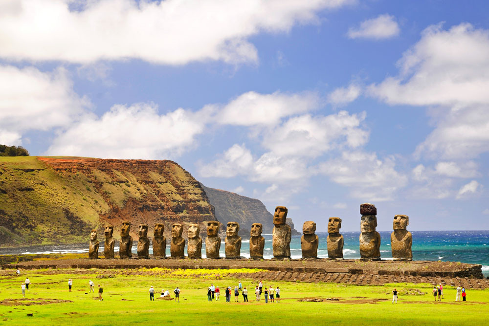 Moais of Ahu Tongariki on Easter Island, Chile.