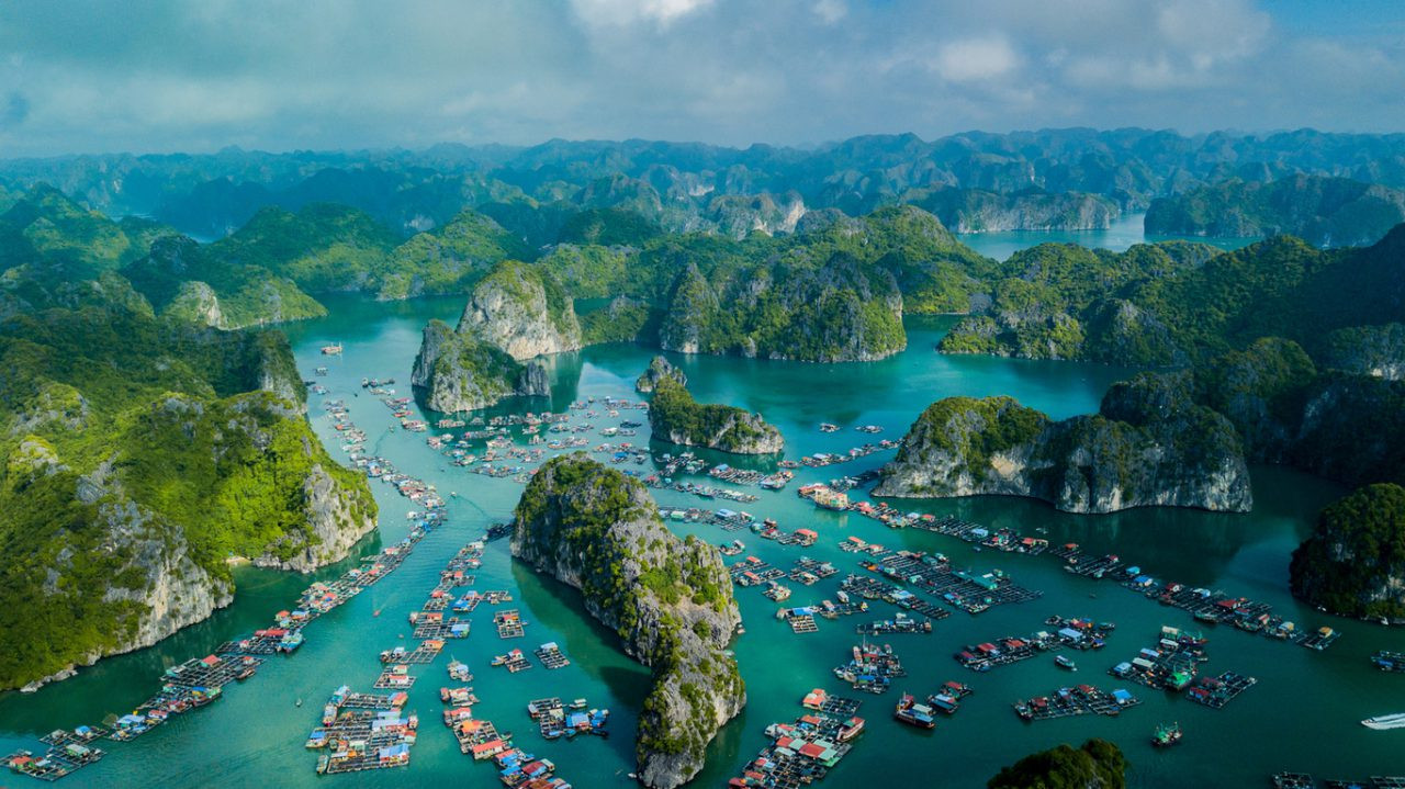 Drone view of a fishing village in Lan Ha bay, Vietnam.